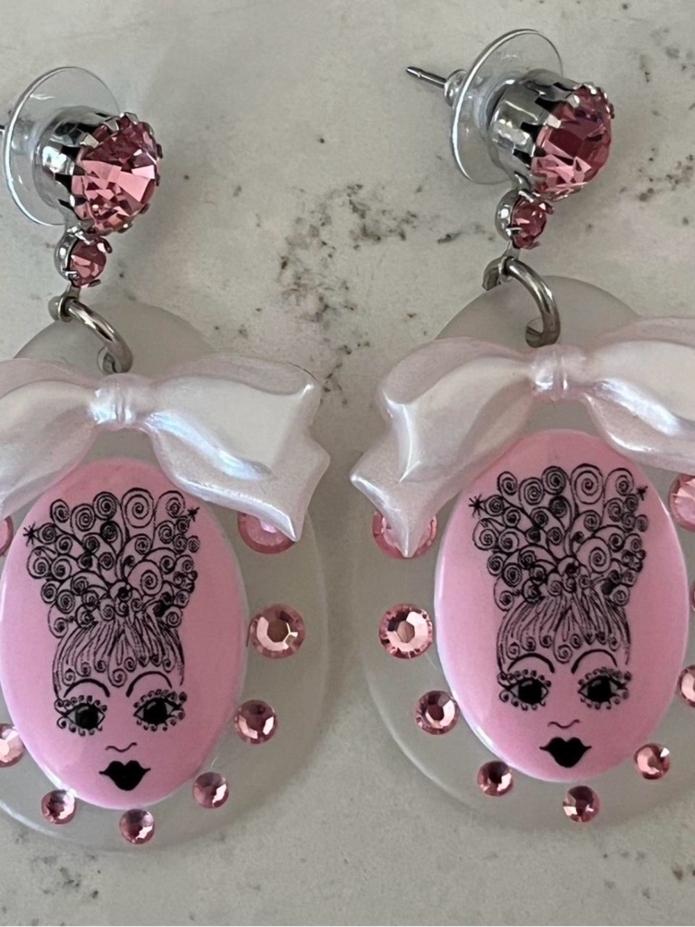 Tarina Tarantino Pink and White Bow Portrait Drop Earrings